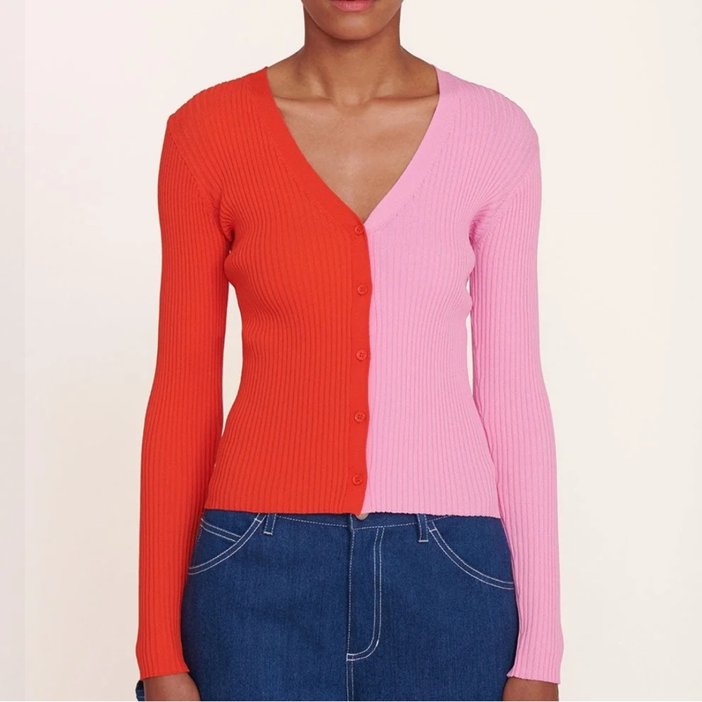 NWT STAUD Women’s Red Pink Cargo Cardigan Sweater Ribbed Size Large - Picture 3 of 12